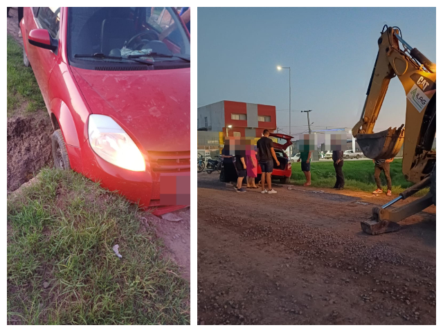 RESISTENCIA: Un Auto Quedó Incrustado En Un Canal Y Fue Asistido Por Una Retroexcavadora