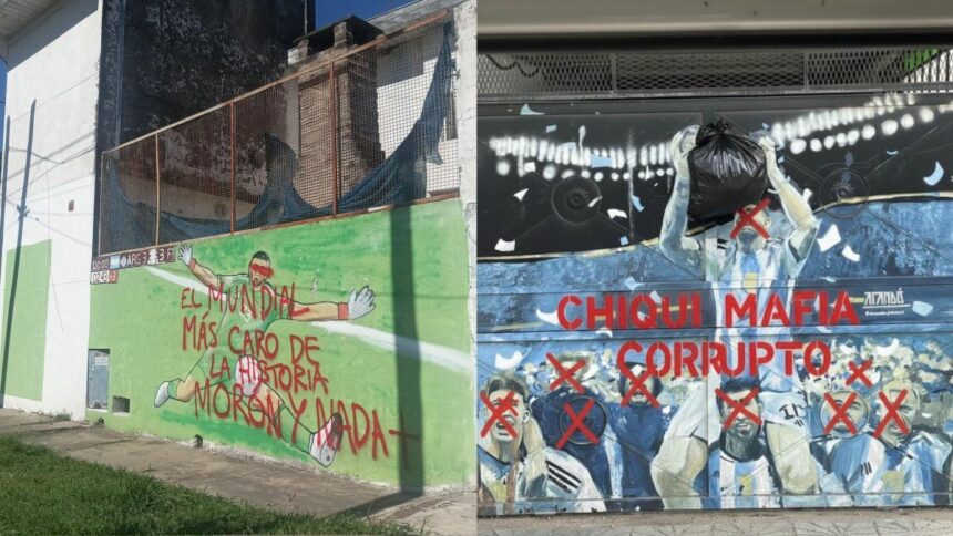 Vandalizaron murales de Lionel Messi y Dibu Martínez con mensajes para Chiqui Tapia y la AFA