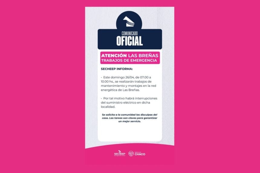 Las Breñas: Secheep Realizará Trabajos De Mantenimiento Este Domingo
