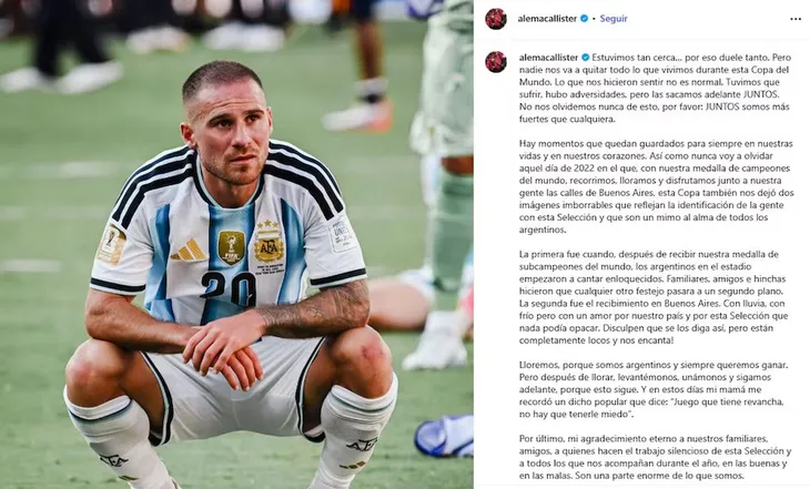 La carta de Alexis Mac Allister en su cuenta de Instagram.