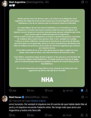 La respuesta de Horan, admitiendo que fue un error.