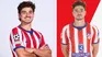 Julián Álvarez sonriente con la camiseta del Atlético de Madrid para las fotos oficiales de la Champions League (izquierda), en comparación con su foto oficial de LaLiga (derecha).